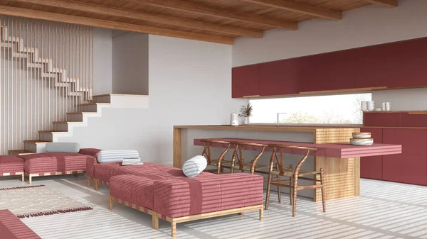 Nowoczesny Drewniany Salon Kuchnia Kolorach Białym Czerwonym Sofy Wyspa Krzesłami — Zdjęcie stockowe