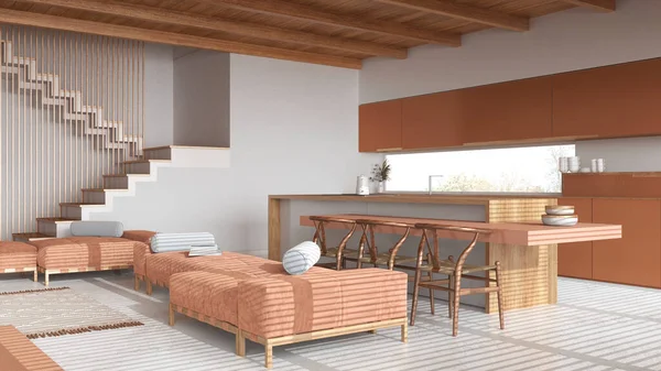 现代木制客厅和厨房 色调为白色和橙色 岛上有椅子和树脂地板 日本最小室内设计梁天花板 — 图库照片