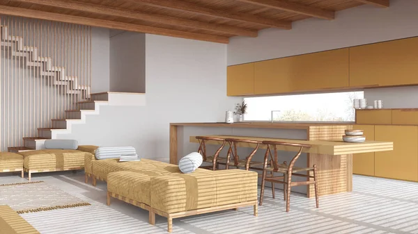 モダンな木製リビングルームとキッチン 白と黄色のトーン ソファー 椅子と樹脂床が付いている島 ビーム天井 ジャパンディミニマルインテリアデザイン — ストック写真