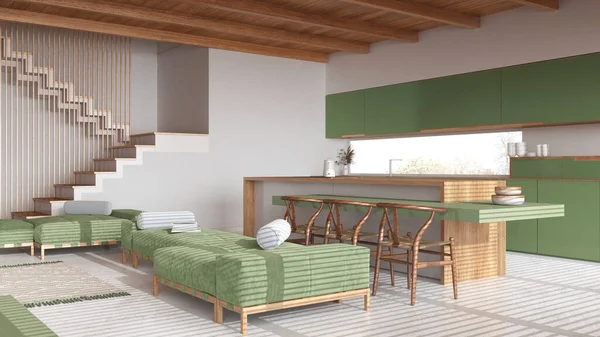 现代木制客厅和厨房 色调是白色和绿色的 岛上有椅子和树脂地板 日本最小室内设计梁天花板 — 图库照片