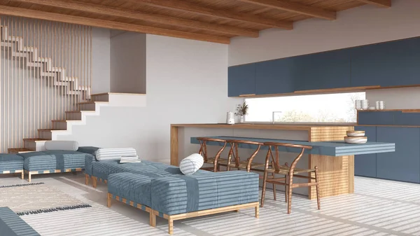 Sala Estar Madeira Moderna Cozinha Tons Brancos Azuis Sofás Ilha — Fotografia de Stock