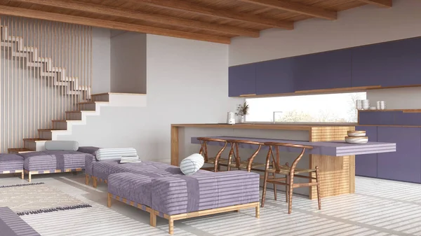 现代木制客厅和厨房 色调为白色和紫色 岛上有椅子和树脂地板 日本最小室内设计梁天花板 — 图库照片
