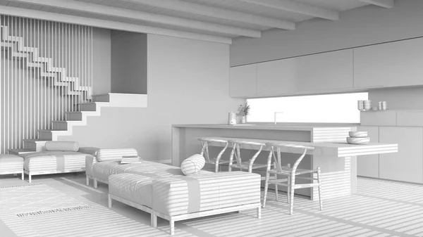 Celkový Bílý Projekt Koncept Moderní Dřevěný Obývací Pokoj Kuchyň Sedací — Stock fotografie