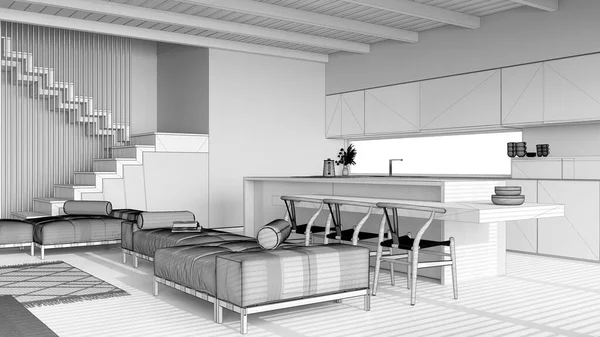 Plan Projektu Niedokończony Projekt Nowoczesny Drewniany Salon Kuchnia Sofy Wyspa — Zdjęcie stockowe