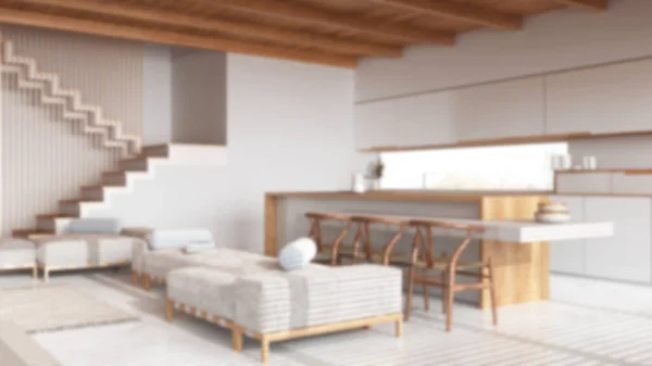 模糊的背景 现代木制客厅和厨房 岛上有椅子和树脂地板 日本最小室内设计梁天花板 — 图库照片