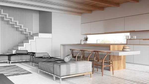 建筑师室内设计理念 手绘草稿 未完成的工程成为现实 现代木制客厅和厨房 日文简约风格 — 图库照片