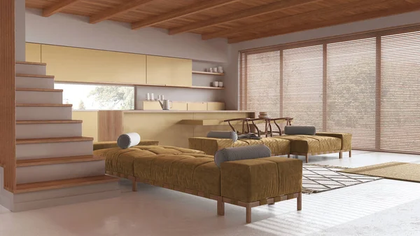 最小的厨房和客厅 白色和黄色色调 有树脂地板 木梁天花板 岛上有凳子和全景窗 日本室内设计 — 图库照片
