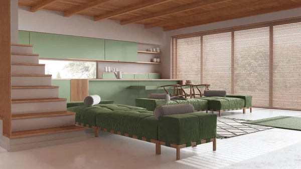 最小的厨房和客厅的白色和绿色色调与树脂地板 木梁天花板 岛上有凳子和全景窗 日本室内设计 — 图库照片