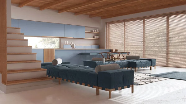 最小厨房和客厅的白色和蓝色色调与树脂地板 木梁天花板 岛上有凳子和全景窗 日本室内设计 — 图库照片