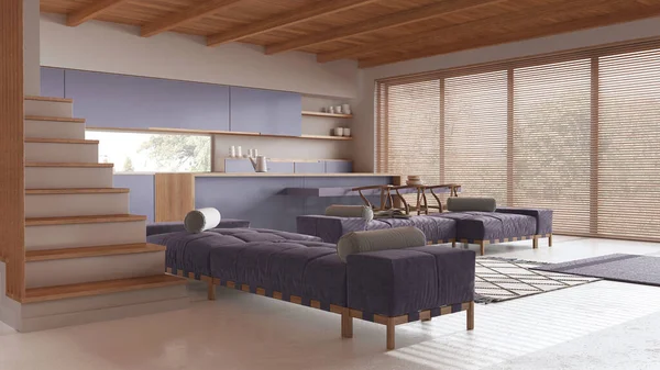 最小厨房和客厅的白色和紫色色调与树脂地板 木梁天花板 岛上有凳子和全景窗 日本室内设计 — 图库照片