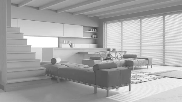 Celkový Bílý Návrh Projektu Minimální Kuchyň Obývací Pokoj Pryskyřičnou Podlahou — Stock fotografie