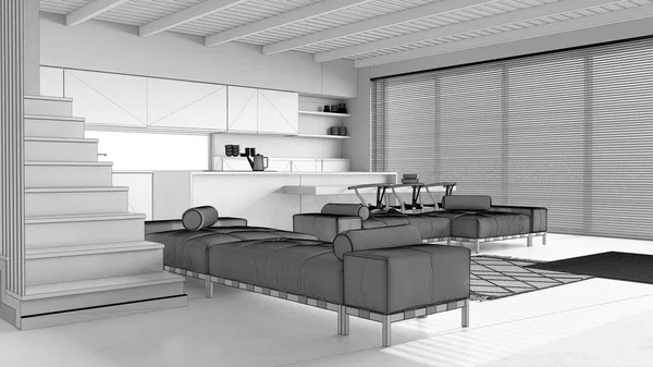 Blueprint Unfinished Project Draft Minimal Kitchen Living Room Resin Floor — Stock Photo, Image