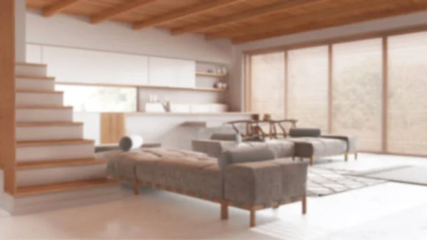 背景模糊 厨房极小 客厅有树脂地板 木梁天花板 岛上有凳子和全景窗 日本室内设计 — 图库照片