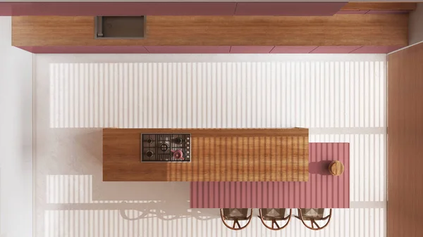 最小的木制厨房 岛屿白色和红色色调的树脂地板 餐桌和装饰 顶部视图 日本室内设计 — 图库照片