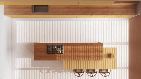 最小的木制厨房 岛屿白色和黄色色调的树脂地板 餐桌和装饰 顶部视图 日本室内设计 — 图库照片