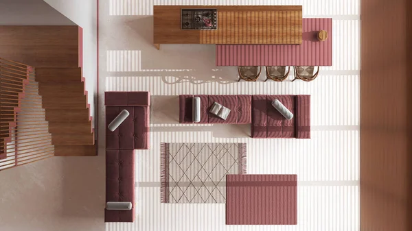 島と白と赤のトーンでリビングルームを持つ最小の木製キッチン 樹脂フロア ソファー カーペット トップビュー プラン ジャパンディのインテリアデザイン — ストック写真
