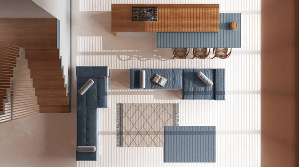 最小的木制厨房 有岛屿和客厅的白色和蓝色色调 树脂地板 沙发和地毯 顶部视图 日本室内设计 — 图库照片