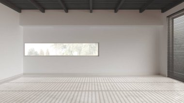 Karanlık ahşap oda iç tasarımı, reçine zeminli açık alan, kirişler tavan, beyaz duvarlar, modern mimari konsepti.