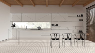 Reçine zeminli boş beyaz iç döşeme, özel mimari tasarım projesi, siyah mürekkep çizimi, adalı minimal mutfak planı, japandi iç tasarımı