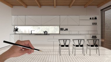 Reçine zemin ve ahşap kirişler tavan, el yapımı mimari tasarım, siyah mürekkep çizimi, Japonya 'nın adalı minimal mutfağını gösteren plan.