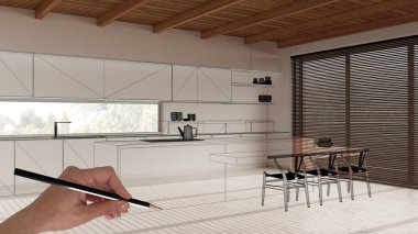 Reçine zemin ve ahşap kirişler tavan, el yapımı mimari tasarım, siyah mürekkep çizimi, Japonya 'nın adalı minimal mutfağını gösteren plan.