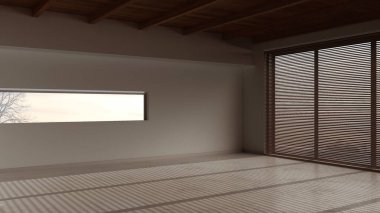 Karanlık akşam sahnesi, boş oda iç tasarımı, reçine zemini ve ahşap kirişler tavanlı açık alan, modern japandi mimari fikri.