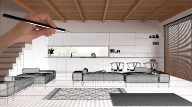 Reçine zemin, ahşap kirişler tavan, el yapımı mimari tasarım, siyah mürekkep çizimi, en az mutfak ve oturma odasını gösteren plan.