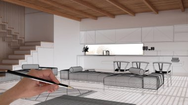 Reçine zemin, ahşap kirişler tavan, el yapımı mimari tasarım, siyah mürekkep çizimi, en az mutfak ve oturma odasını gösteren plan.