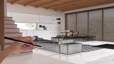 Reçine zemin, ahşap kirişler tavan, el yapımı mimari tasarım, siyah mürekkep çizimi, en az mutfak ve oturma odasını gösteren plan.