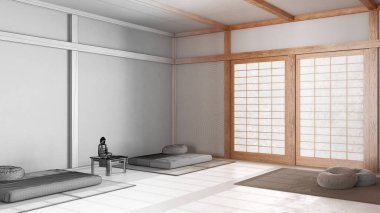 Mimari iç mimar konsepti: elle çizilmiş tamamlanmamış proje, yastıkları, tatami paspasları ve dekorları olan minimal meditasyon odası haline geliyor. Japandi iç tasarımı