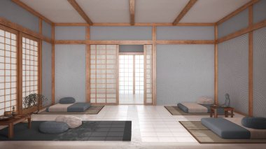 Japandi meditasyon odası beyaz ve gri tonlarda, yastıklar, tatami paspaslar ve kağıt kapılar. Tahta kirişler ve reçine zemini. Minimalist iç tasarım