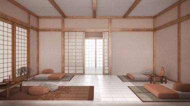 Japandi meditasyon odası beyaz ve turuncu tonlarda, yastıklar, tatami paspaslar ve kağıt kapılar. Tahta kirişler ve reçine zemini. Minimalist iç tasarım
