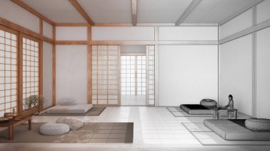 Mimari iç mimar konsepti: elle çizilmiş tamamlanmamış proje, yastıklı japandi meditasyon odası, tatami paspaslar ve kağıt kapılar. Asgari biçim