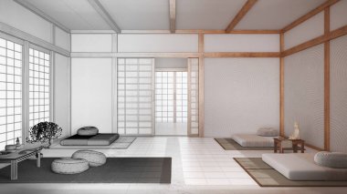 Mimari iç mimar konsepti: elle çizilmiş tamamlanmamış proje, yastıklı japandi meditasyon odası, tatami paspaslar ve kağıt kapılar. Asgari biçim