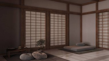 Karanlık gece sahnesi, yastıklı, tatami paspaslı ve kağıt kapılı minimum meditasyon odası. Halı, Mala ve dekorlarla dolu bir masa. Japon iç tasarımı
