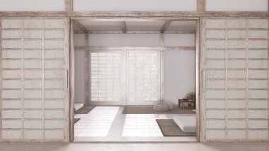 Kağıt kapılı, bej ve beyaz renkte minimal meditasyon odası. Capet, yastıklar ve tatami paspaslar. Beyazlatılmış ahşap kirişler ve duvar kağıdı. Japandi iç tasarımı