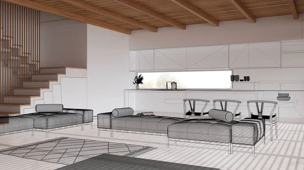 樹脂床 カスタムアーキテクチャデザインプロジェクト ブラックインクスケッチ 最小限のキッチンとリビングルームを示すブループリント ジャパンディインテリアデザイン — ストック写真