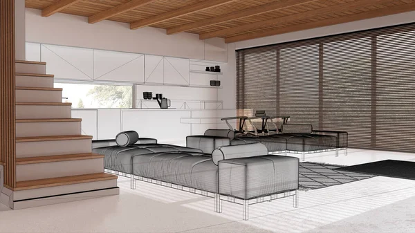空旷的白色内饰 带有树脂地板 定制建筑设计项目 黑色墨水草图 显示厨房和客厅极小的蓝图 日本室内设计 — 图库照片