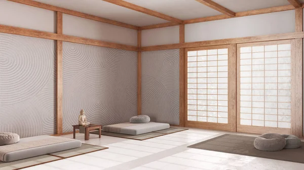 Habitación Mínima Meditación Tonos Blancos Beige Almohadas Tatami Decoraciones Vigas — Foto de Stock