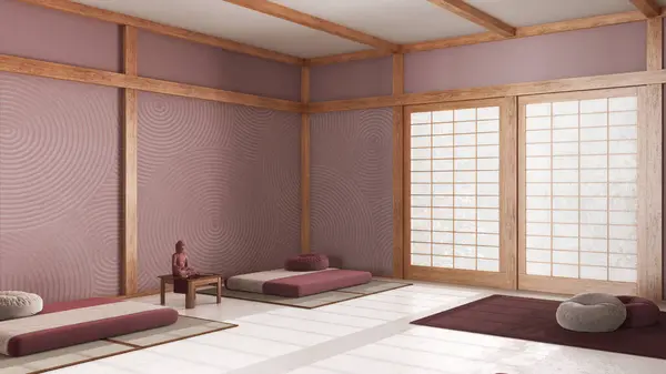 Ruang Meditasi Minimal Dengan Nada Putih Dan Merah Bantal Tikar — Stok Foto