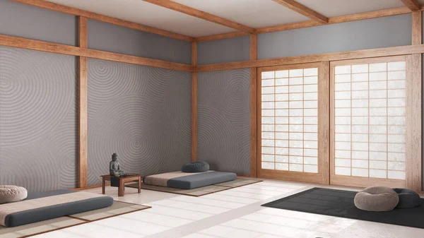 Ruang Meditasi Minimal Dengan Warna Putih Dan Abu Abu Bantal — Stok Foto