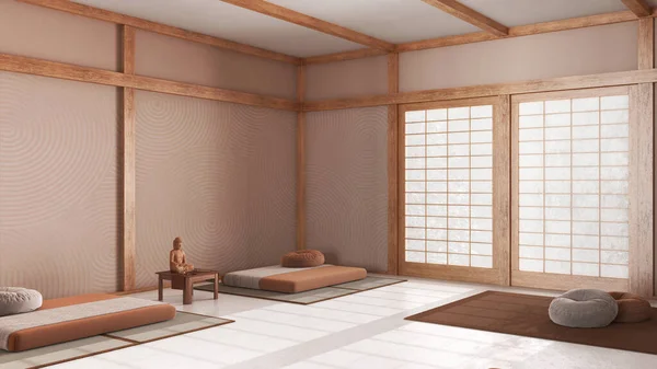 Minimal meditation room in white and orange tones, pillows, tatami mats and decors. Wooden beams and resin floor. Japandi interior design