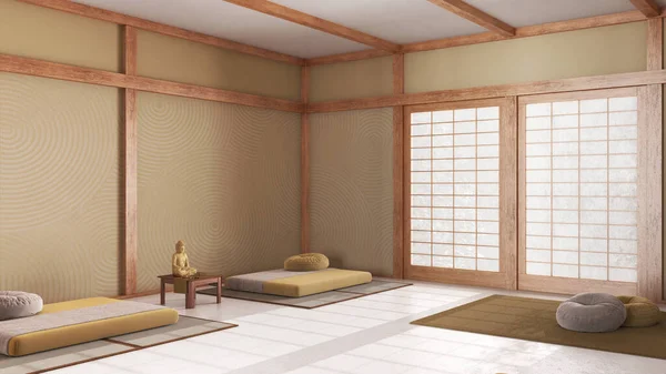 Sala Meditação Mínima Tons Brancos Amarelos Travesseiros Tapetes Tatami Decorações — Fotografia de Stock