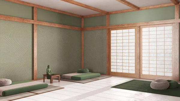 Ruang Meditasi Minimal Dengan Warna Putih Dan Hijau Bantal Tikar — Stok Foto