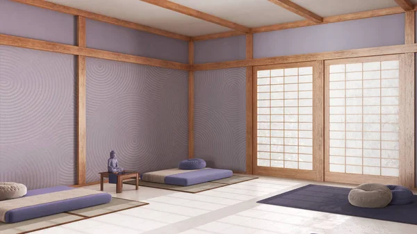 Ruang Meditasi Minimal Dengan Warna Putih Dan Ungu Bantal Tikar — Stok Foto