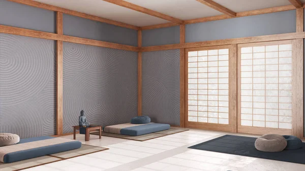 Ruang Meditasi Minimal Dengan Warna Putih Dan Biru Bantal Tikar — Stok Foto