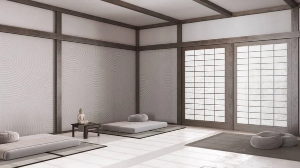 Minimale Meditatieruimte Witte Beige Tinten Kussens Tatami Matten Decors Donker — Stockfoto