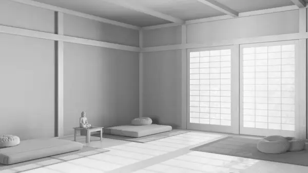 整个白色项目草案 最小的冥想空间与枕头 折叠床垫和装饰 木梁和树脂地板 日本室内设计 — 图库照片