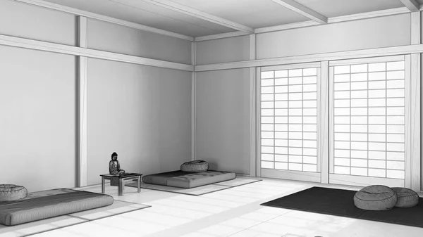 蓝图未完成的项目草稿 最小的冥想空间与枕头 塔瓦垫和装饰 木梁和树脂地板 日本室内设计 — 图库照片