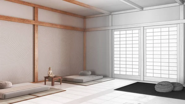 建築家インテリアデザイナーのコンセプト 手描きの未完成のプロジェクトは枕 デッサンが付いている現実的で最小限の瞑想部屋になります ジャパンディのインテリアデザイン — ストック写真